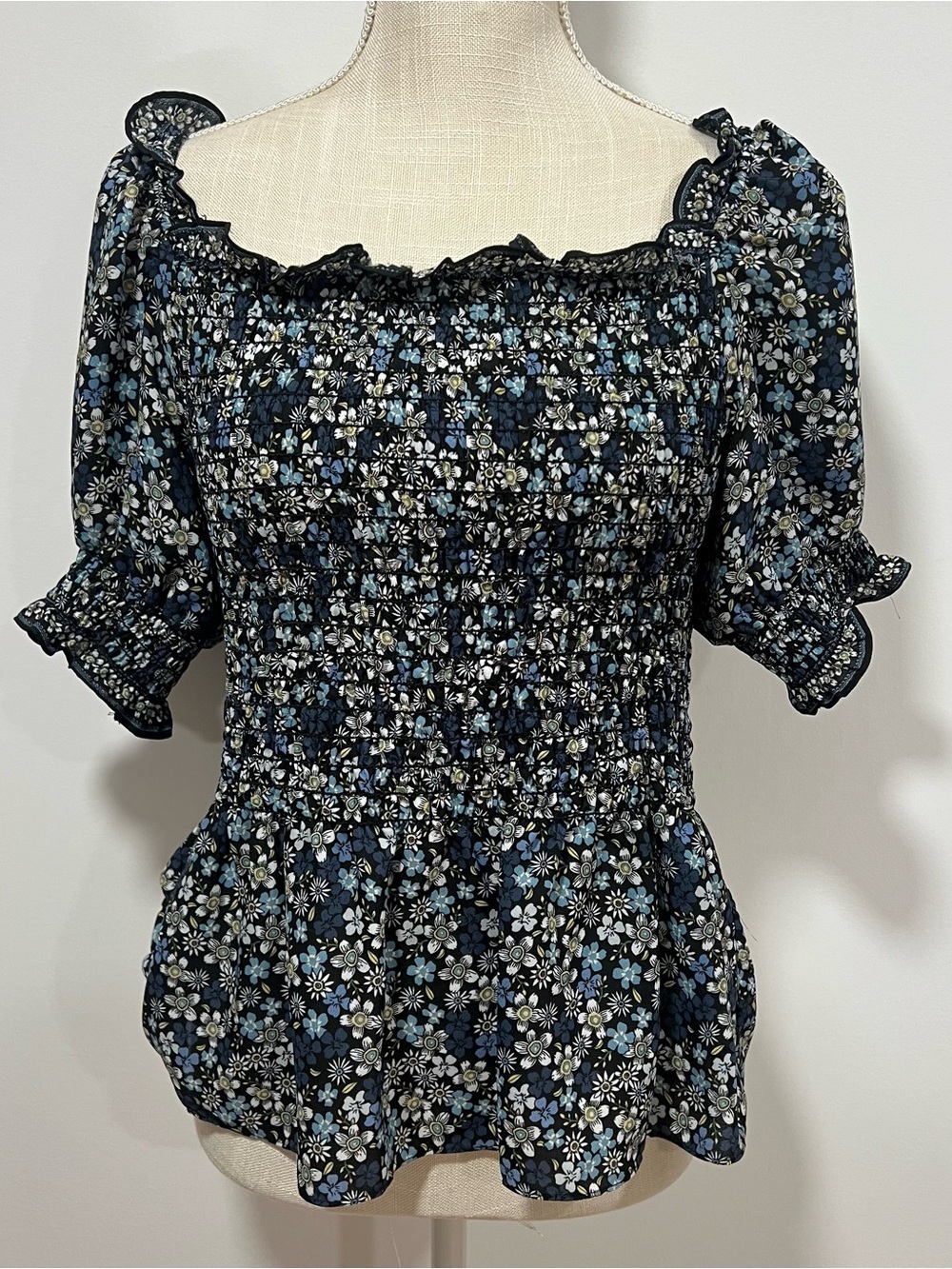 Max Studio Navy Blue Floral Smocked Peplum Top